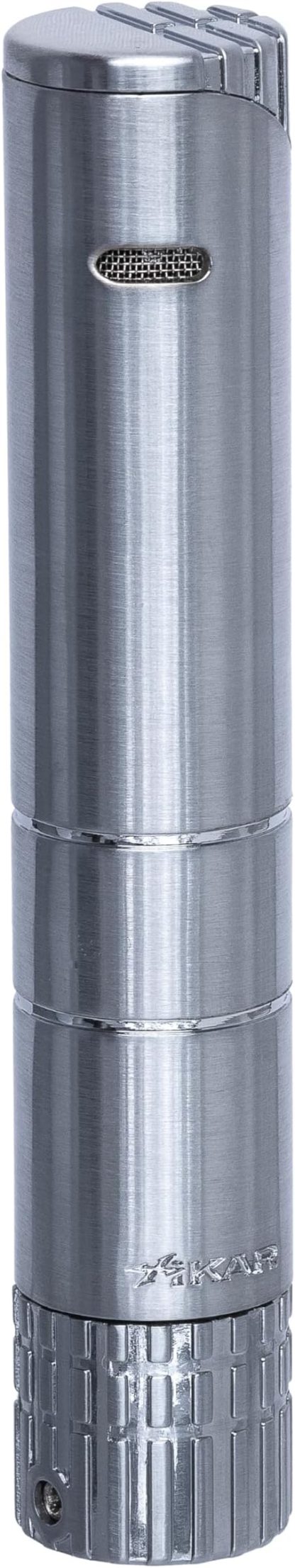 Xikar Turrim Cigar Lighter, Single Jet Flame, Oversized Elongated Fuel Tank, Refillable, Ratcheting Fuel Adjustment, Piezo Ignition, Silver