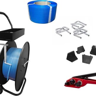 Kortpack - Complete 12 mm PP Tape Starter Set - 3000 Metre Tape - 1000 13 mm Metal Buckles - Practical Tensioner - Mobile Spool - 100 Plastic Corner Profiles