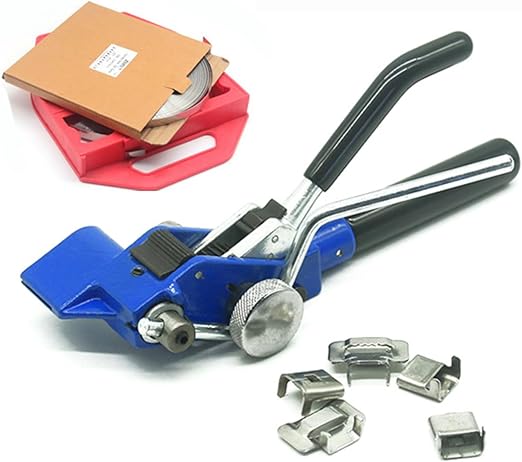 KGLHJDY Steel Band Strapping Kit, Steel Band Tensioner Cutting Tool with 100 Feet Long Band Spool Made of 304 Stainless Steel, 100 Pieces Steel Ear Closure Buckle for Strapping and Packing