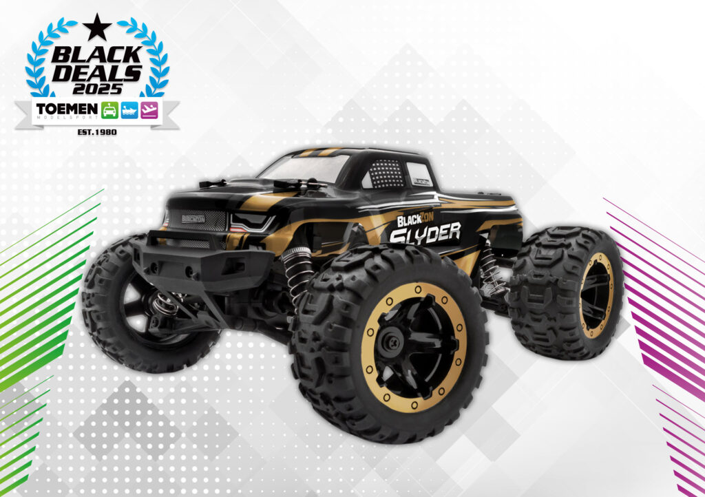 BlackZon Slyder MT 1/16 4WD Electric Monster Truck Black/Gold complete with 800mAh Li-Ion battery and charger – 35 km/h