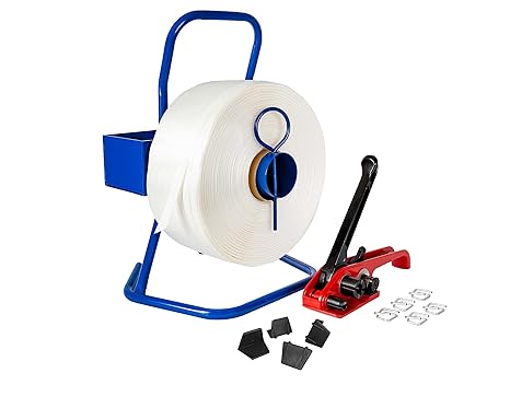 Kortpack Strapping Set 19 mm | Complete Set with Roll, Tensioner, 250 Metal Clips and 600 m Polyester Tape | Perfect for Packaging and Transport