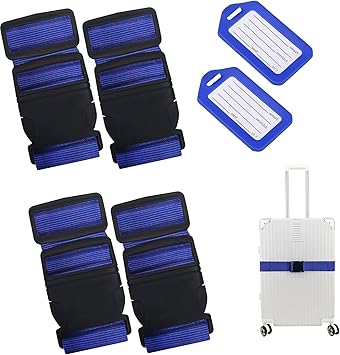 kingsea Suitcase Straps Eye-catching, Pack of 4 Suitcase Straps with 2 Address Labels, 5 x 165 cm Luggage Strap, Adjustable Luggage Strap for Travel, Suitcase Binding