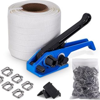 BAOSHISHAN Strapping Set with 19 mm Woven Textile Tape for Pallet Packaging (2-in-1 Tensioner, 100 m Textile Strapping Tape, 100 Phosphate Buttons, 20 Packaging Corners)