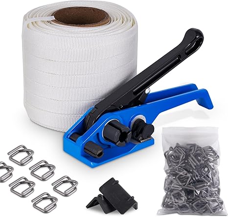 BAOSHISHAN Strapping Set with 19 mm Woven Textile Tape for Pallet Packaging (2-in-1 Tensioner, 100 m Textile Strapping Tape, 100 Phosphate Buttons, 20 Packaging Corners)