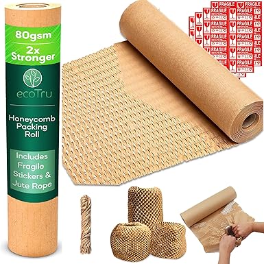 ecoTru Honeycomb Paper Packaging Material 36 cm x 20 m, Bubble Wrap Eco Alternative for Moving and Shipping, Packaging Paper and Filling Material for Packages, Paper Nub Film, Bubble Wrap Packing Roll