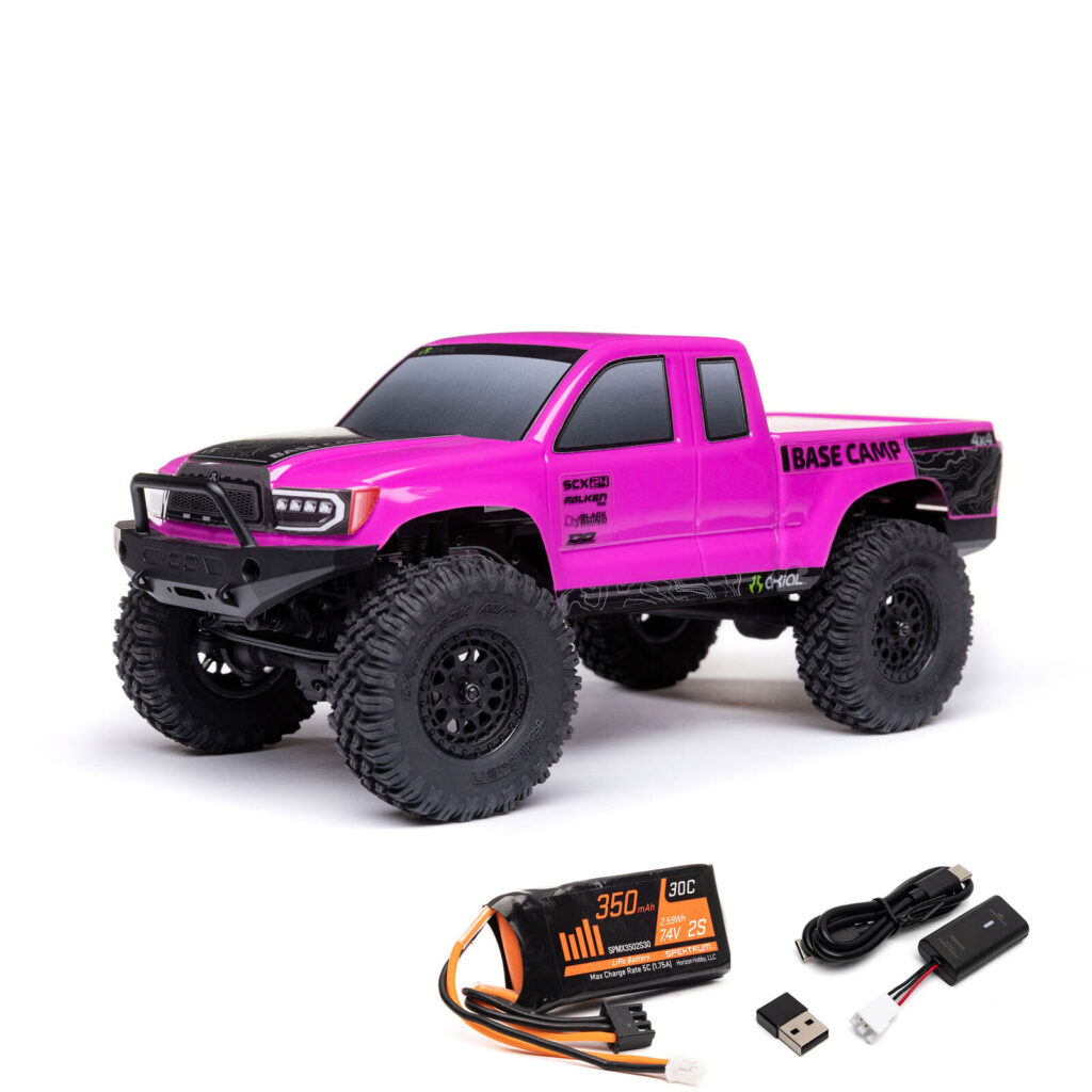 Axial 1/24 SCX24 Base Camp 4WD Rock Crawler Brushed RTR Pink with battery and charger
