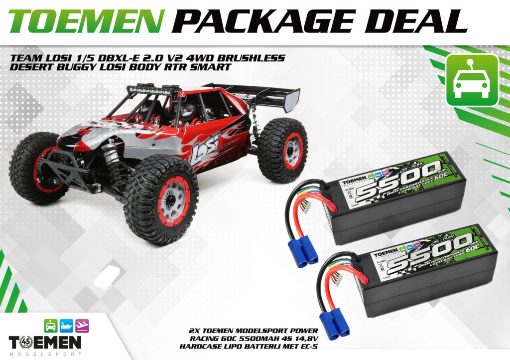 Team Losi 1/5 DBXL-E 2.0 V2 4WD Brushless Desert Buggy Losi Body RTR Smart + 2x Toemen Modelsport 60C 5500Mah 4S 14,8V lipo batteries